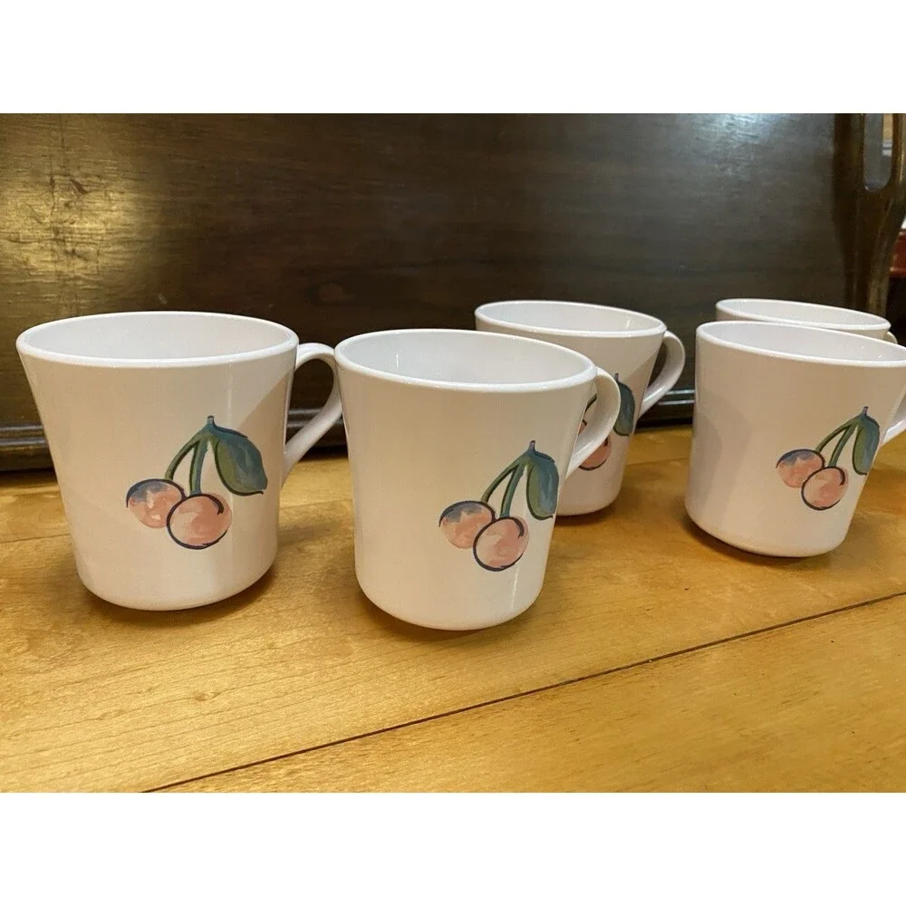 Corelle Fruit Basket Mugs Set 6 Apples Cherries White Coffee Cups Vintage Tea
